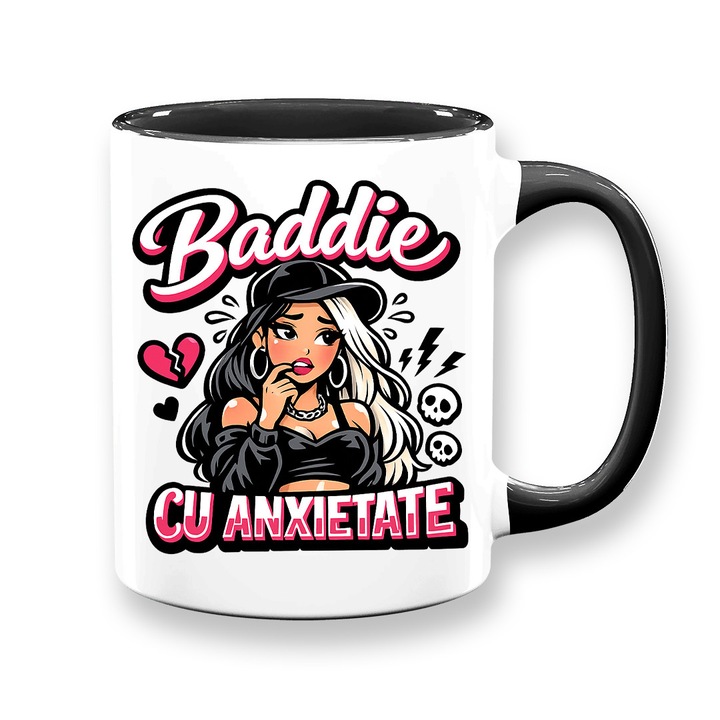 Cana cu mesaj amuzant: "Baddie cu anxietate", alba cu interior negru, 330ml, ceramica