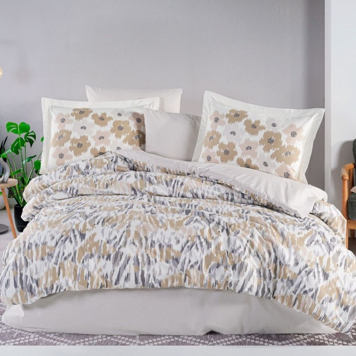 Lenjerie de pat dublu cu model floral abstract, poplin percale, 240 x 260 cm, 4 piese, Hobby Home, Penny stone