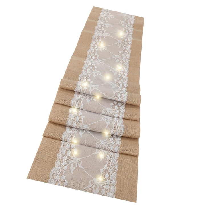 Juta asztalterítő csipkével és LED lámpákkal, 30x180cm, bézs