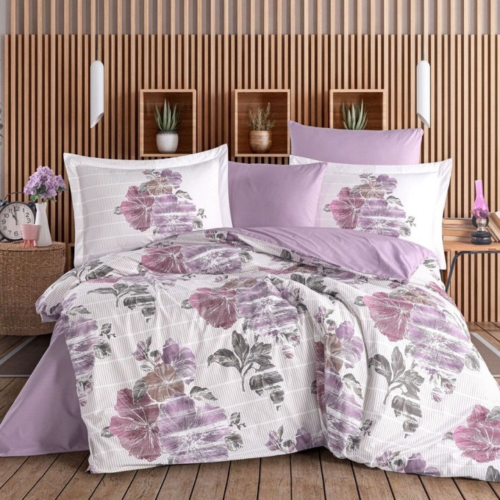 Lila virágmintás dupla ágyneműhuzat, poplin percale, 240 x 260 cm, 4 részes, Hobby Home, Sara purple