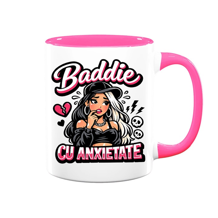 Cana cu mesaj amuzant: "Baddie cu anxietate", alba cu interior roz, 330ml, ceramica