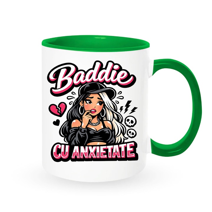 Cana cu mesaj amuzant: "Baddie cu anxietate", alba cu interior verde, 330ml, ceramica