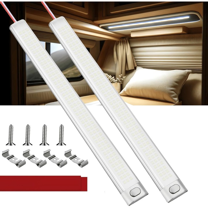 LED осветителна лента 12V за каравани, пакет от 2 LED осветителни ленти 12V с превключвател, 12V LED лампа 1600LM, силно автомобилно осветление за кола/камион/каравана/лодка/бус/интериор