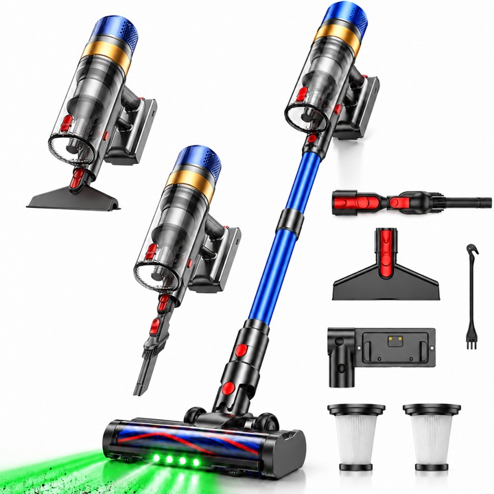Aspirator vertical fara fir CleanFy Deep Clean Pro V12 V12, 500W, 60 kPa, recipient praf 1.5L, 70 min, LED verzi