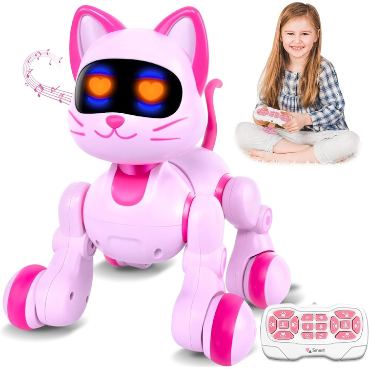 RQQM® Interaktív Robot Macska, Intelligens Játék Távirányítóval, Rózsaszín, Ideális Ajándék Lányoknak és 3-10 Éves Gyermekeknek
