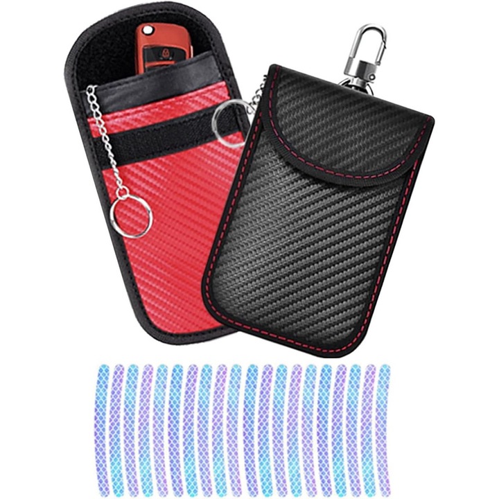 Set 2 husa Faraday pentru chei auto, blocare semnal, negru rosu, 14x9cm