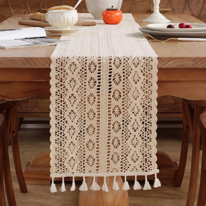 Horgolt asztali futó, pamut és len, boho, 140x30cm, bojtokkal, rusztikus