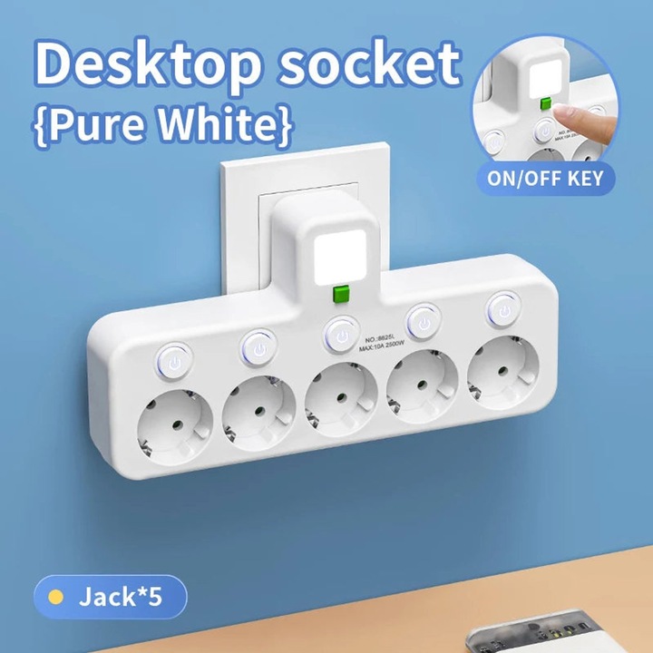 Разклонител с 5 контакта и USB Type-C порт, бял, 10A 2500W