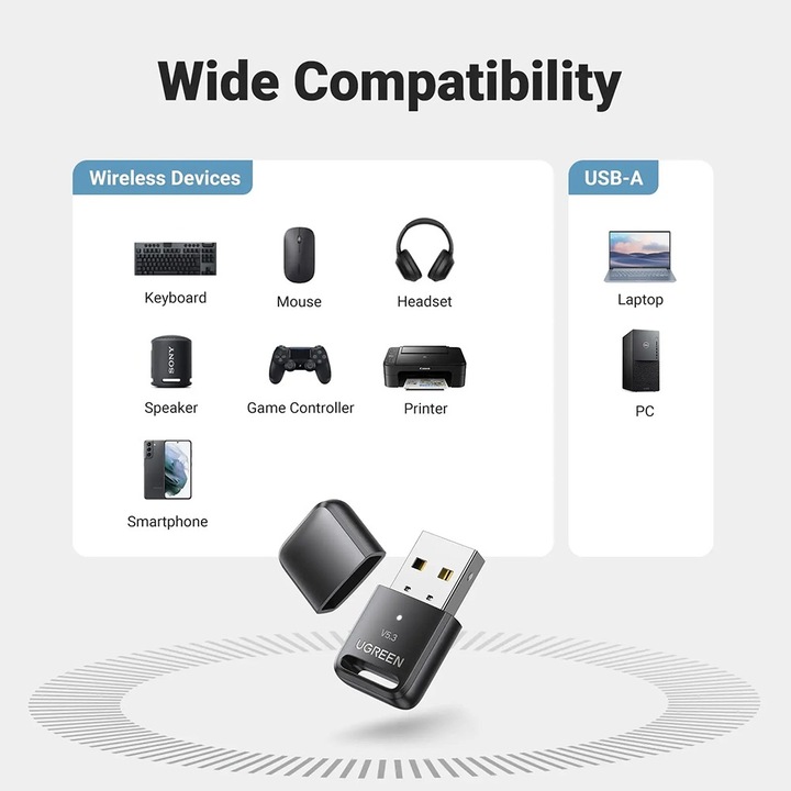 Ugreen CM591 Bluetooth adapter, USB, Bluetooth 5.3, Plug&Play, Kompakt méret, Fekete