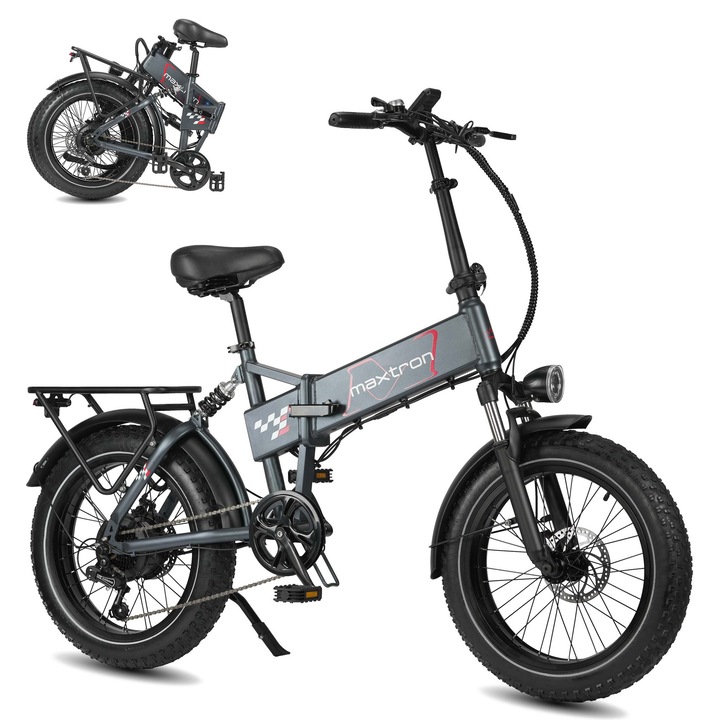 Bicicleta Electrica Pliabil Maxtron Paloris, cu Afisaj Inteligent, Motor 250W, 48V 13Ah Baterie, Viteza maxima 25km/h, Roti 20*4.0'' Anti-Punctura, Gri