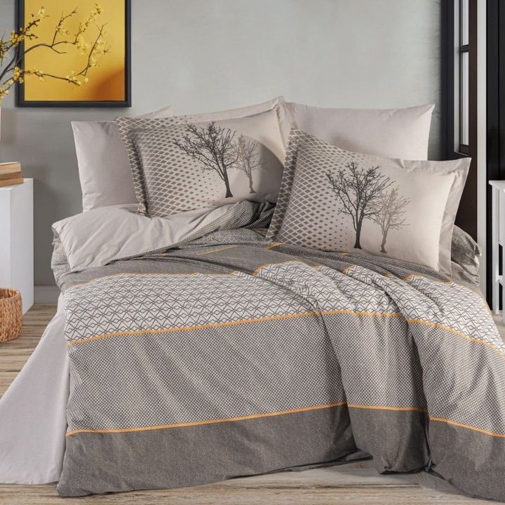 Ágynemű garnitúra, dupla, geometriai fa mintával, poplin percale, 240 x 260 cm, 4 részes, Hobby Home, Tanya Maro