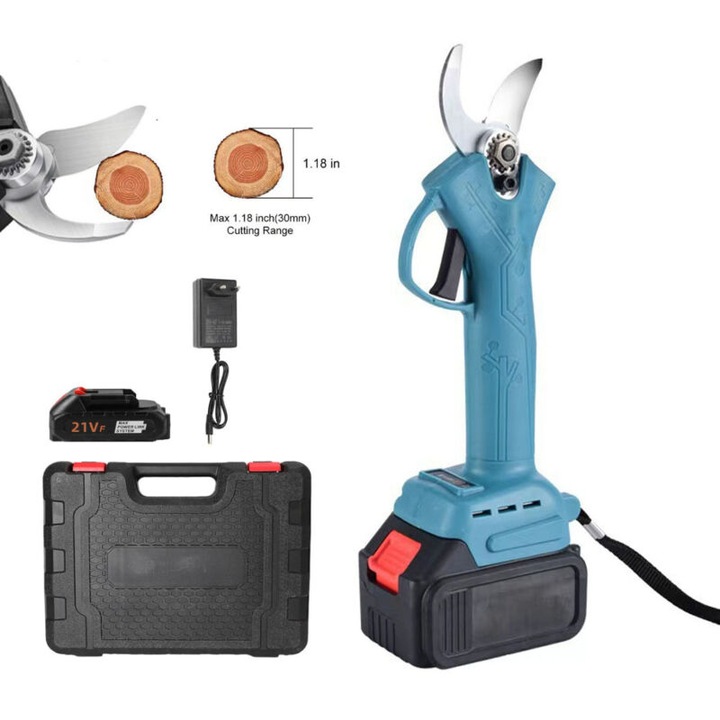 Elektromos kerti metszőolló, 30mm, kék, 21V, 1500mAh, újratölthető akkumulátorral