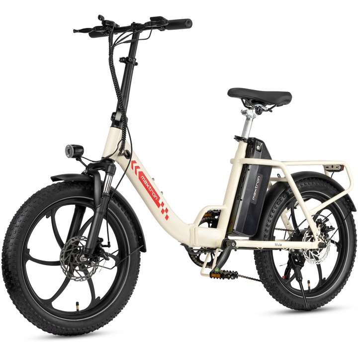 Bicicleta Electrica Pliabil Maxtron mule, Motor 250W, 20Ah Baterie, Distanta maxima 70 km, Viteza maxima 25km/h, Shimano 7 Viteze, Alb