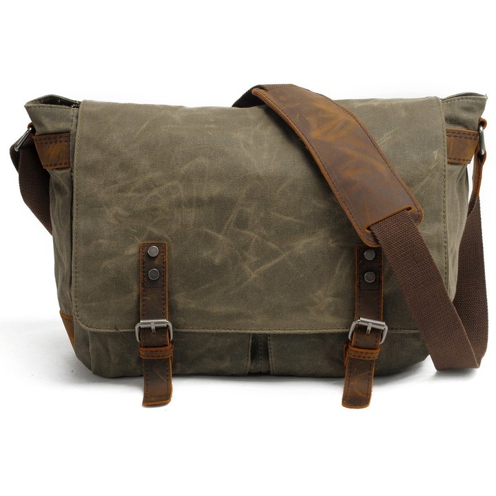 Geanta laptop din panza ceruita impermeabila, piele naturala, 37.8x11x28 cm