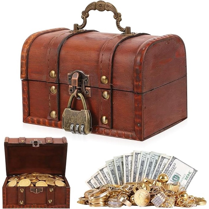 Cutie depozitare lemn vintage cu lacat, decorativa, 25x15x15cm