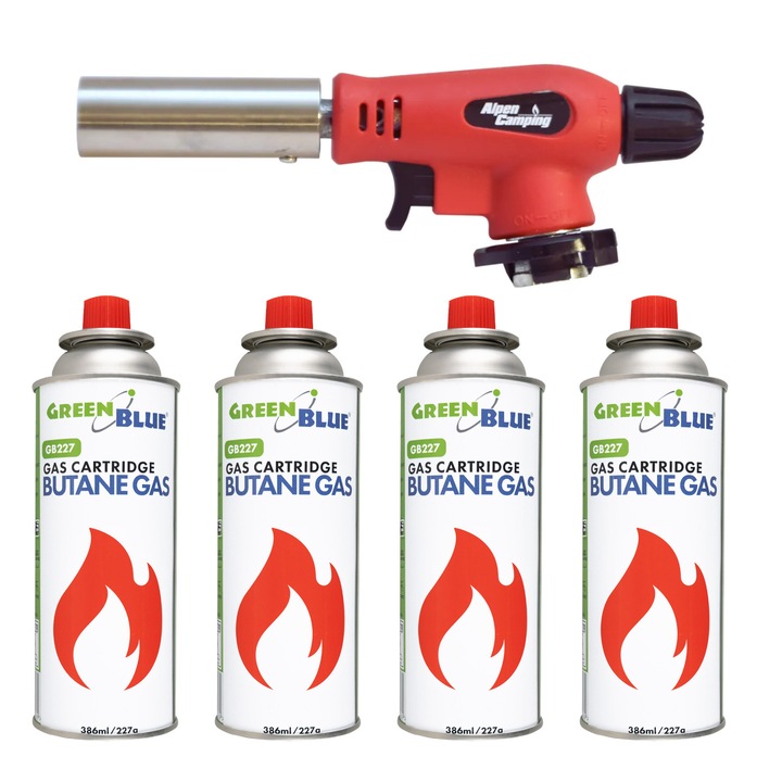 Alpen Camping patronos égő, 360°-os működési szög, 1300 °C lánghőmérséklet, piezoelektromos gyújtás, OLIMP + 4 db 227 g-os GreenBlue gázpatron. Tanúsítvány: Pi 0875, az EN417 szabvány szerint