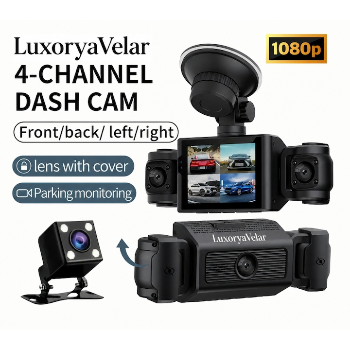 Camera auto de bord Marca Luxorya Velar, Full HD 1080P, 4 canale, fata si spate interior, camera stanga dreapta pentru vedere nocturna WiFi si aplicatie, G-Sensor