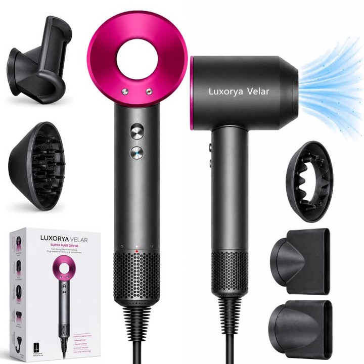 LUXORYA VELAR™ hajszárító negatív ionokkal, nagy sebességű, 4 hőmérsékletfokozat, 3 sebesség, csendes, innovatív hajvédő technológia, 5 mágneses fejjel, szürke vagy rózsaszín