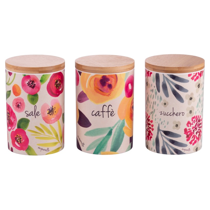 Set 3 recipiente, VdE Tivoli 1996, ceramica si bambus, 750 ml, 10x15 cm, New Acquerello