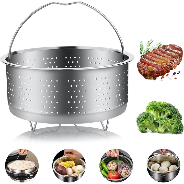 Cos abur din otel inoxidabil, sita/insert pentru oale si gatitoare de orez, separare apa pentru orez, maner reglabil si picioare stabile, rezistent la temperaturi inalte, zgarieturi si rugina, inox, 20 cm (O interior 18 cm), 1 buc