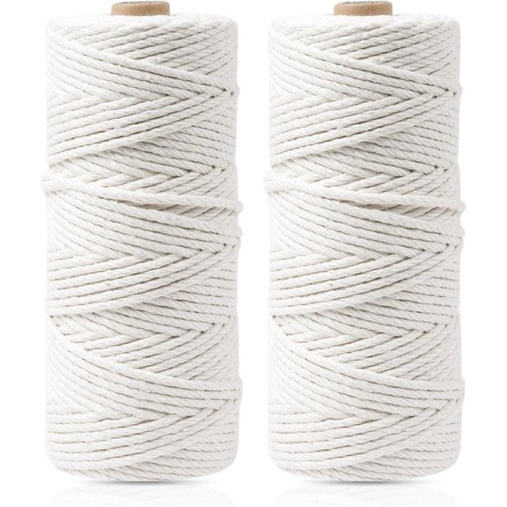 Makramé fonal 3mm természetes pamut sodrott 2x50m fehér