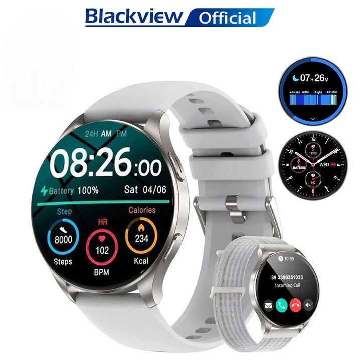 Смарт часовник Blackview X20, 1.43 инча AMOLED, SMART мониторинг на здравето, Многоточков сърдечен ритъм, SpO2, Кръвно налягане, Кислород, Bluetooth разговори/Известия, 380mAh, Съвместим с iOS & Android, Сив