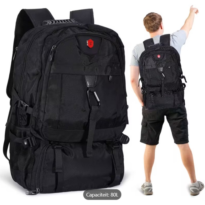 Rucsac laptop 80L, rezistent, compartiment laptop, Oxford, negru