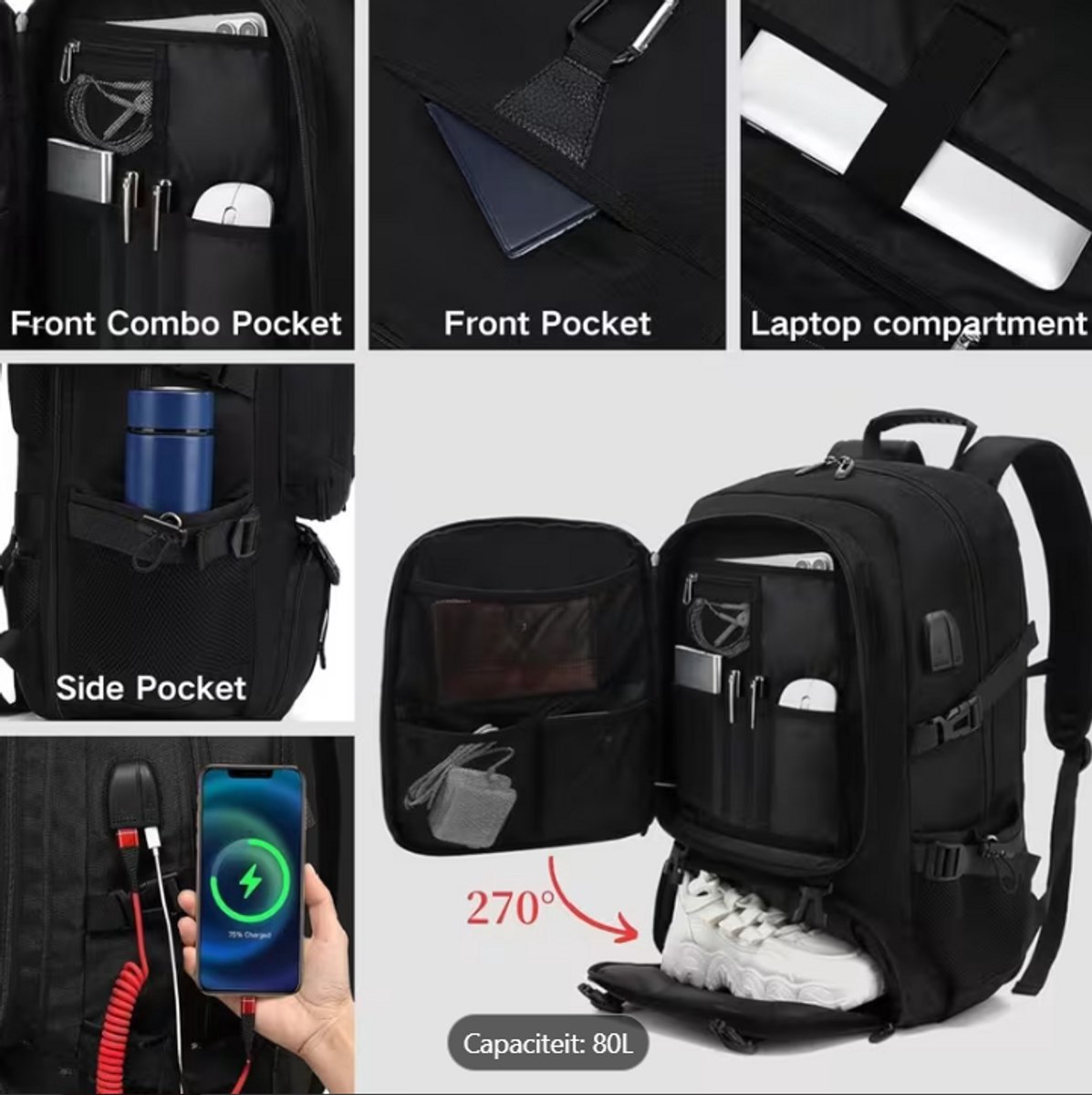 Rucsac laptop 80L, rezistent, compartiment laptop, Oxford, negru
