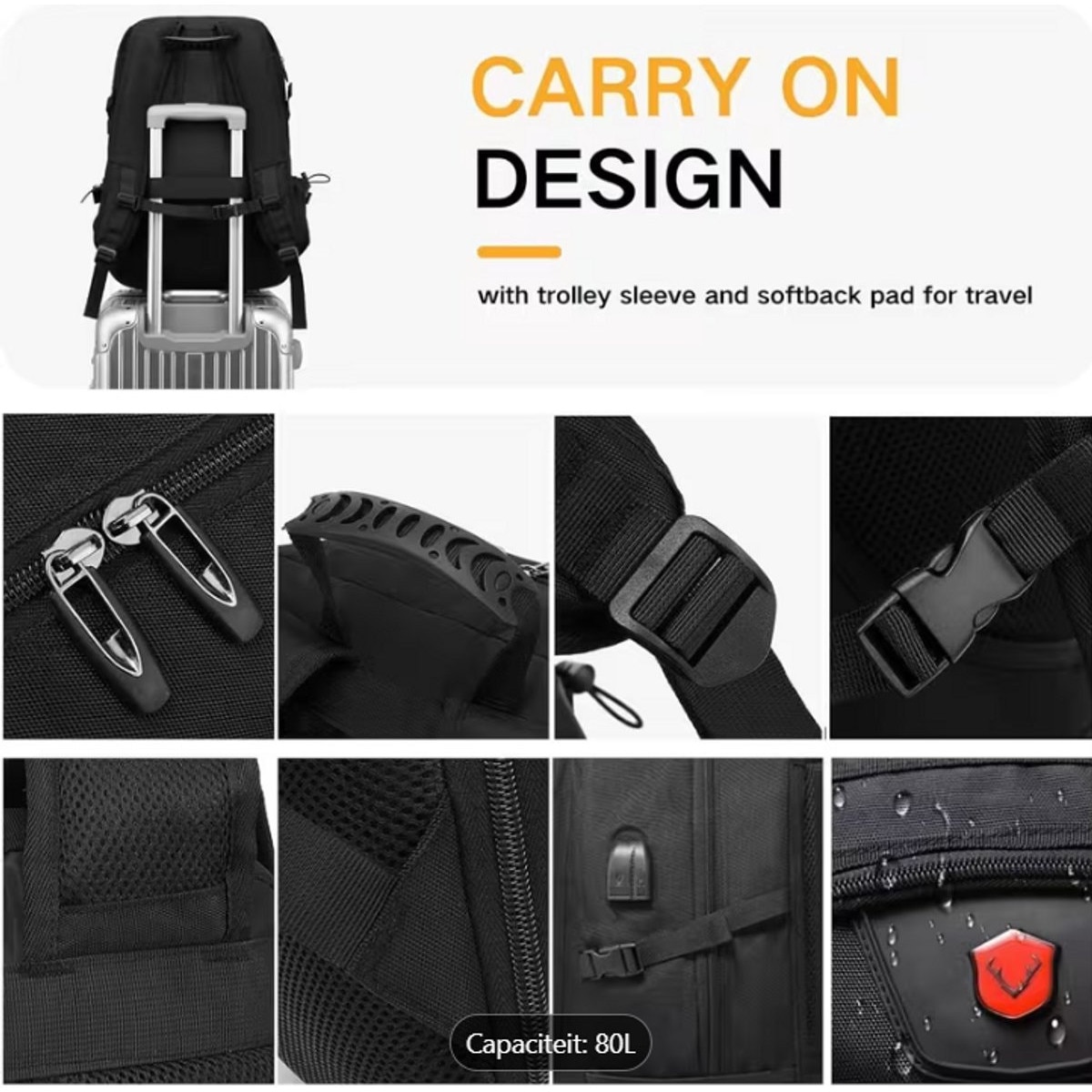 Rucsac laptop 80L, rezistent, compartiment laptop, Oxford, negru