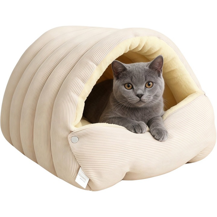 Culcus inchis pentru pisici si caini, design pestera, bej deschis, 45x30x19cm