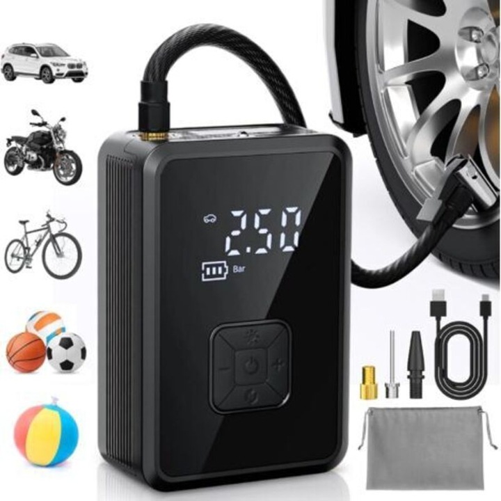 Compresor aer portabil mini 150 PSI USB Type-C 30cm furtun set