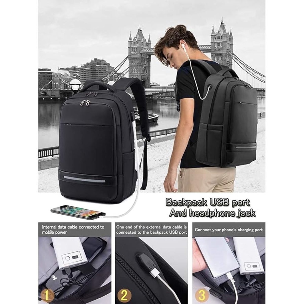 Rucsac laptop 17 inch, rezistent apa si zgarieturi, USB, negru, 46x31x18 cm