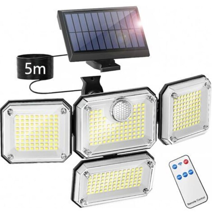 Lampa solara LED 333 lumeni, 3 capete reglabile, IP65, alb