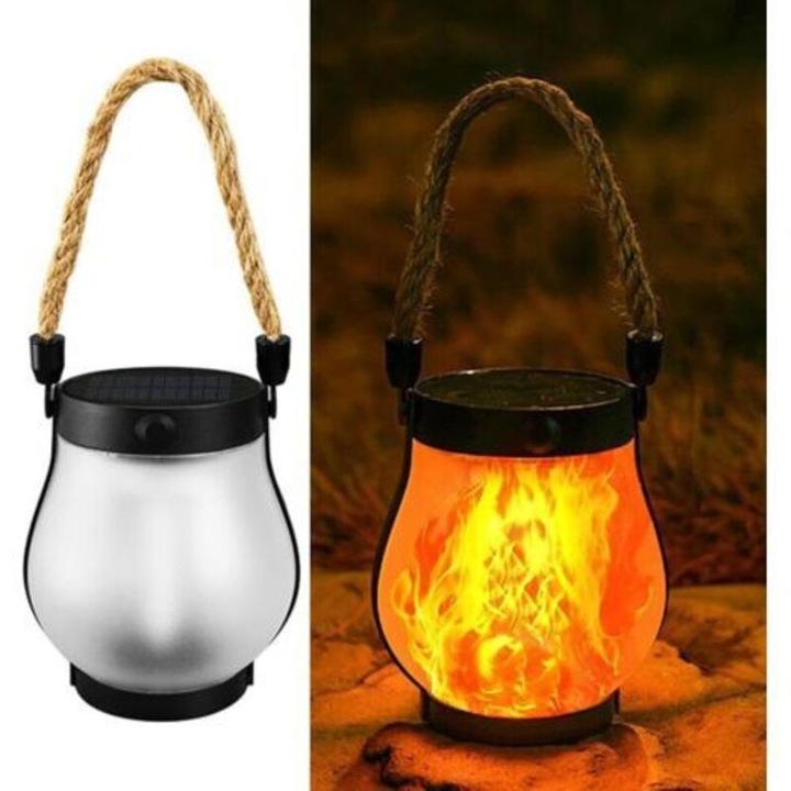 Felinar solar cu flacara dansanta, rezistent la apa, 2 moduri iluminare, 20x10cm