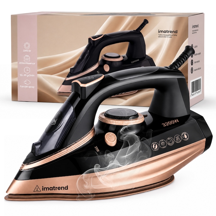 Fier De Calcat cu aburi IMA Trend® 3200W, Aparat Calcat Cu Incalzire Rapida 30 Sec, Abur continuu de 60g/min, Jet Abur 260 g/min, Rezervor 300 ml, Functie auto curatare, Talpa Ceramica Auto-Clean, Sistem Anticalcar, Statie Calcat Ideala Pentru Haine, Negr