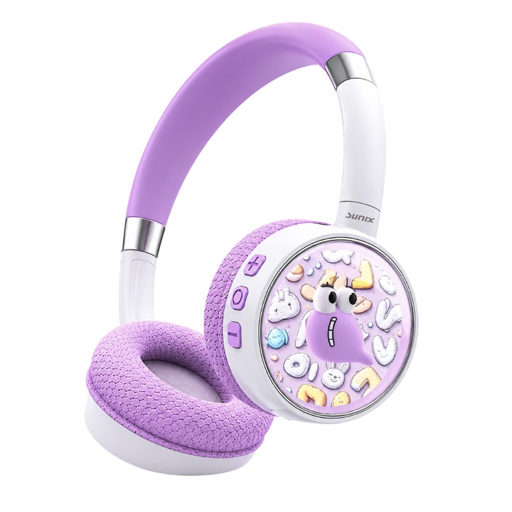 Casti Wireless Bluetooth 5.4 Sunix, Over-Ear, cu Microfon si Lumini LED, Autonomie Mare 25 Ore, Conexiune Rapida, Design Pliabil Confortabil, Mov