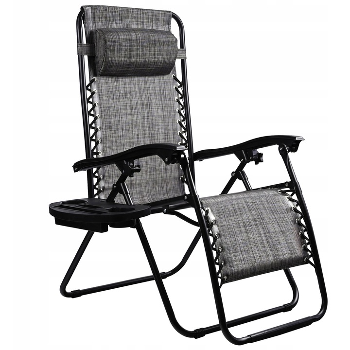 Sezlong pliabil pentru gradina cu tetiera, cadru metalic, suport pahare, maxim 120 kg, 174x65x112 cm, gri