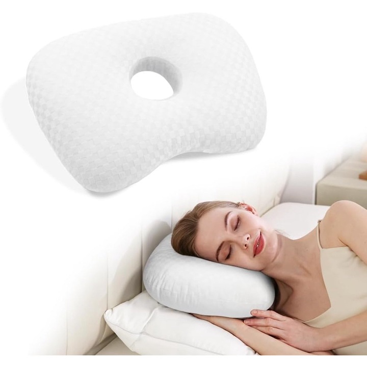 Fehér ergonomikus párna 44x32x5cm, 8.9cm-es nyílással érzékeny fülek számára