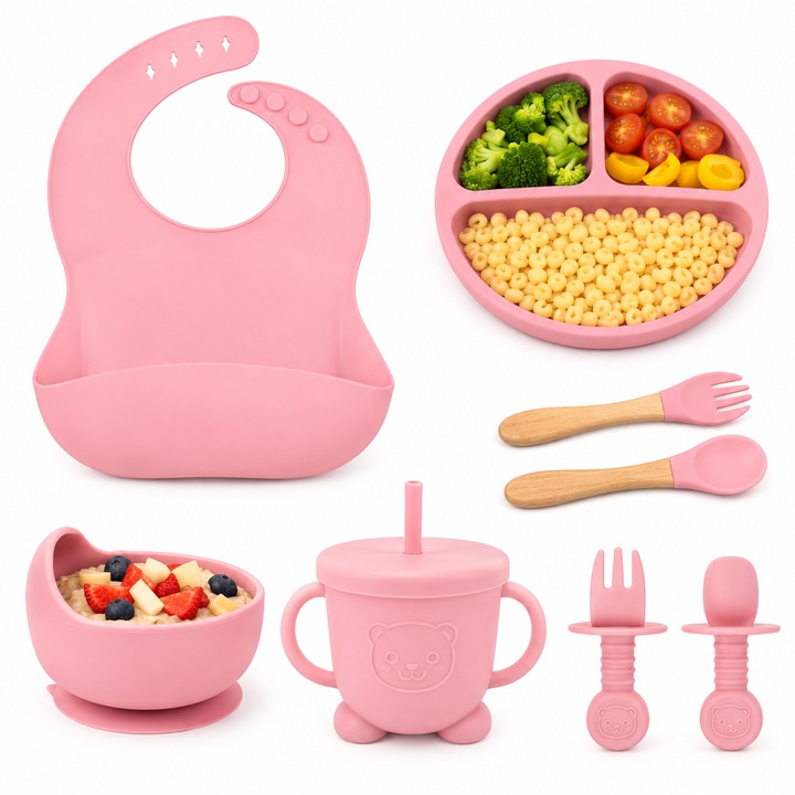 Set Diversificare Bebelusi 8 Piese, Hranire Copii, Silicon BPA Free, Farfurie Compartimentata, Bol cu Ventuza, Tacamuri, Baveta, Cana – Roz pudrat