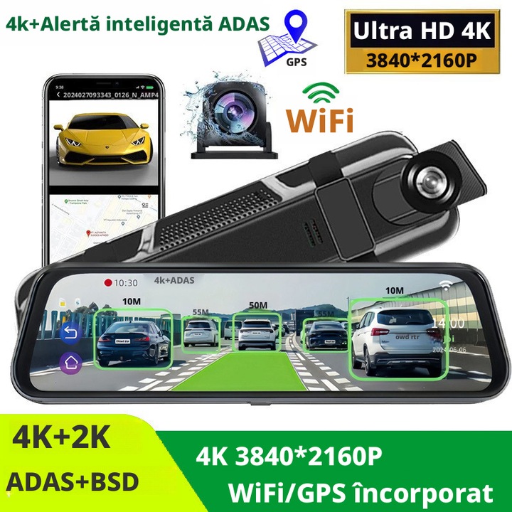 Oglinda retrovizoare cu DVR auto 4K+2K, camera frontala 4K si camera spate 2K, avertizare ADAS+BSD, inregistrare ruta GPS, conectare la aplicatia mobila prin WiFi, functie de monitorizare a parcarii, ecran tactil IPS de 10 inch, stocare pe card TF