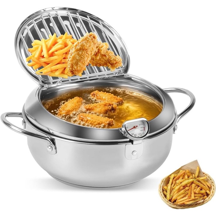 Kisméretű fritőz 2.2L, hőmérő, rozsdamentes acél, 21cm, ezüst