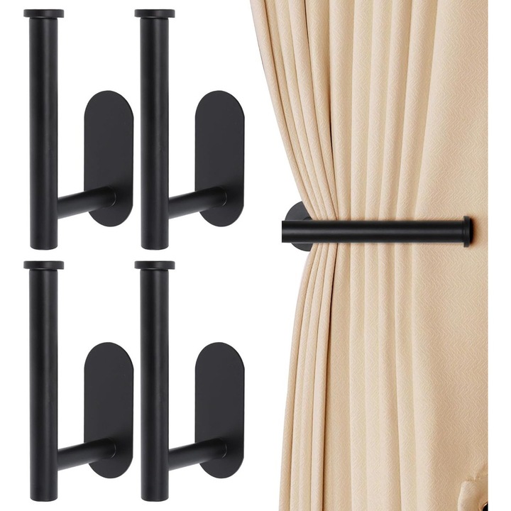Set 4 suporturi perdea autocolante, otel inoxidabil, negru, 16x10.3cm