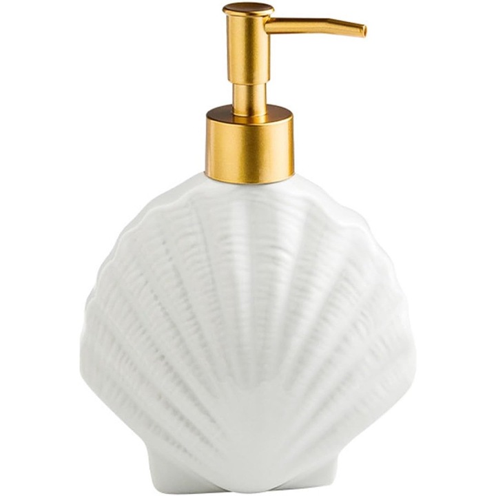 Kerámia szappanadagoló, kagyló forma, arany pumpa, fehér, 250ml