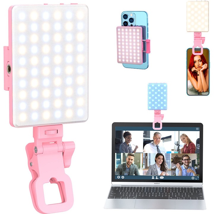 Lumina selfie LED 60 LED розова 2000mAh 360x180° въртяща се USB-C