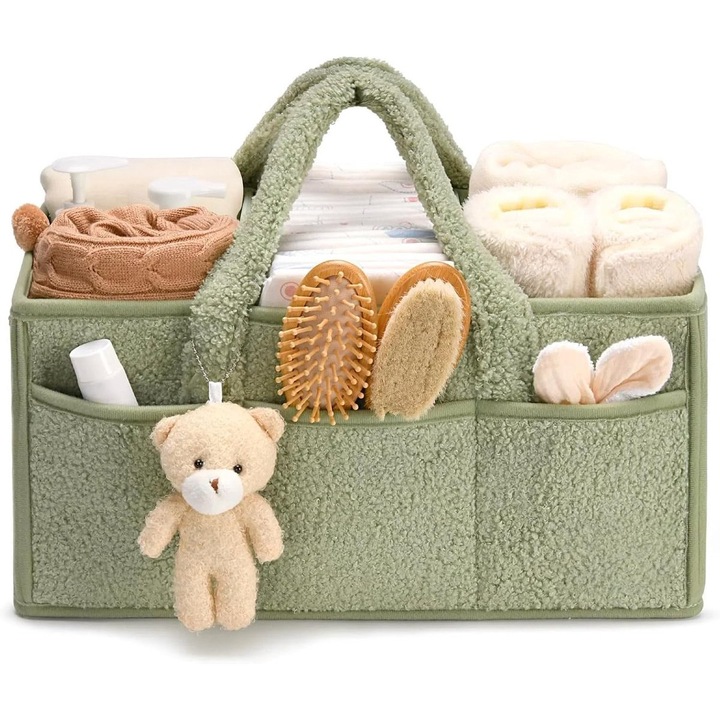 Кош за съхранение на бебешки вещи, плюшен материал, подвижни отделения, светлозелен, 38x25.4x17см