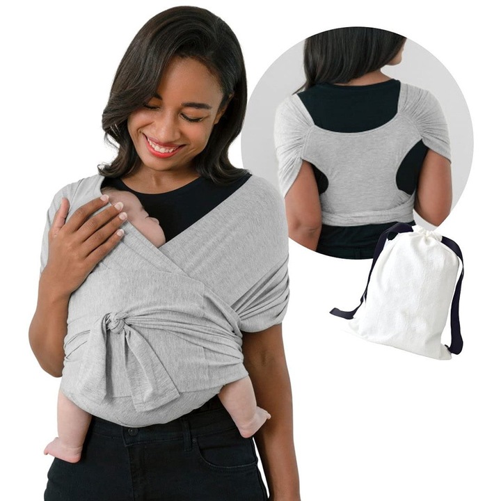 Marsupiu ergonomic bebelusi, wrap, bumbac moale, gri deschis, ajustabil 0-12 luni, 22.7 kg