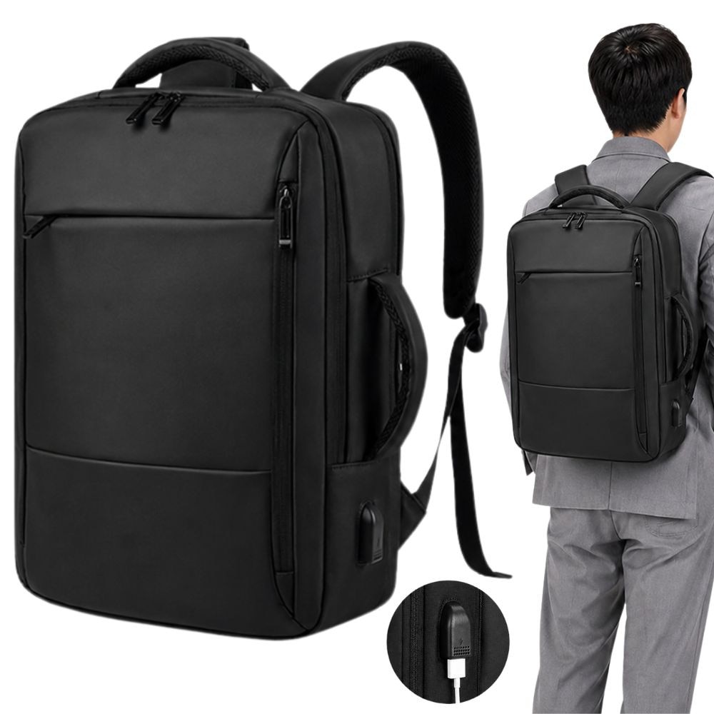 Rucsac laptop Cracos®, 47x33x13 cm cu Port USB, Multiple Compartimente, Compartiment Laptop, Business & Travel, Rezistent la Apa, Maner Lateral, Negru