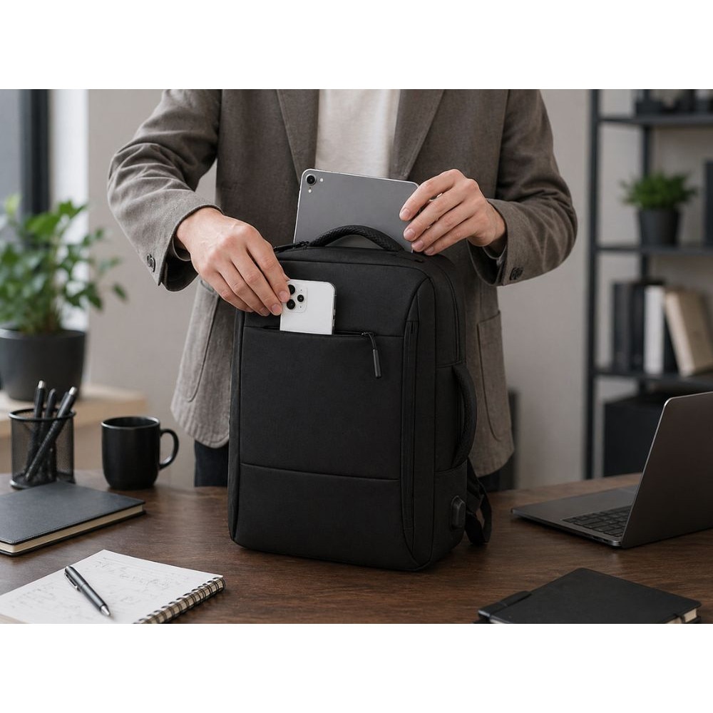 Rucsac laptop Cracos®, 47x33x13 cm cu Port USB, Multiple Compartimente, Compartiment Laptop, Business & Travel, Rezistent la Apa, Maner Lateral, Negru