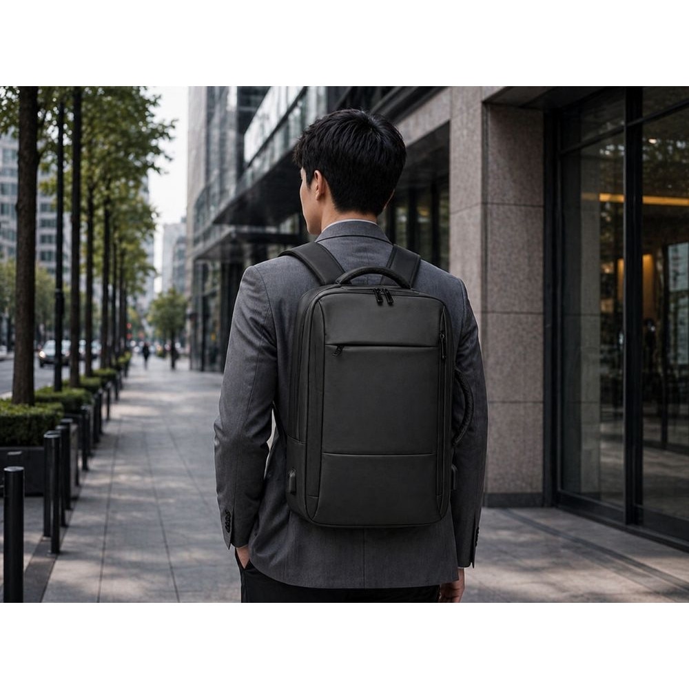 Rucsac laptop Cracos®, 47x33x13 cm cu Port USB, Multiple Compartimente, Compartiment Laptop, Business & Travel, Rezistent la Apa, Maner Lateral, Negru