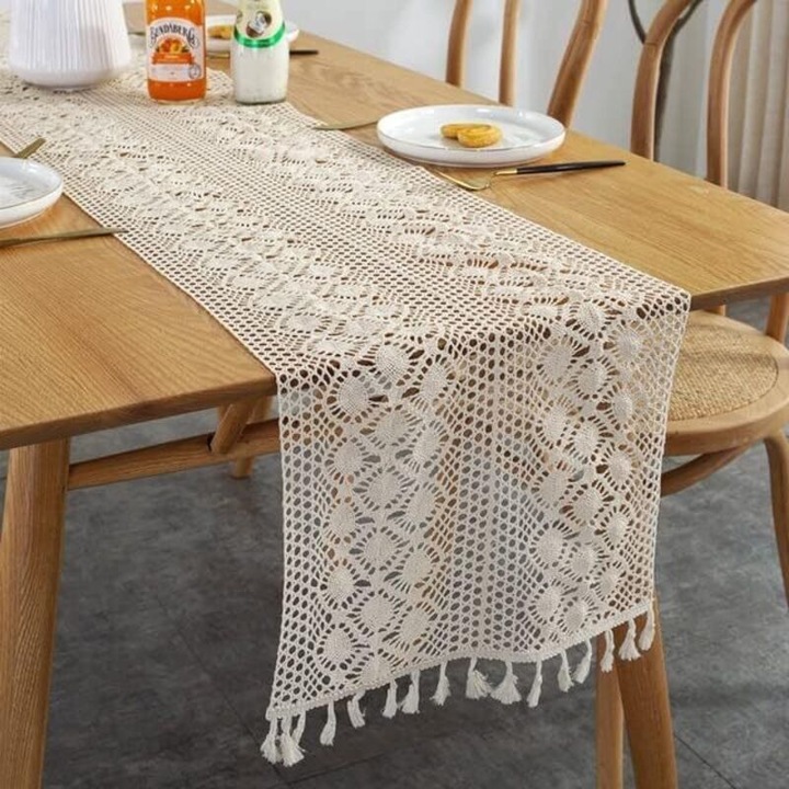 Kézzel hímzett rusztikus asztali futó, vintage pamut, 33x152cm, krém